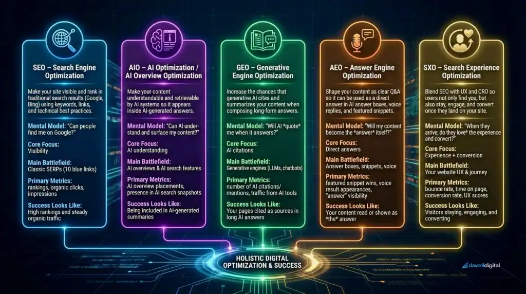 Modern SEO in 2026: SEO vs AIO vs GEO vs AEO vs SXO